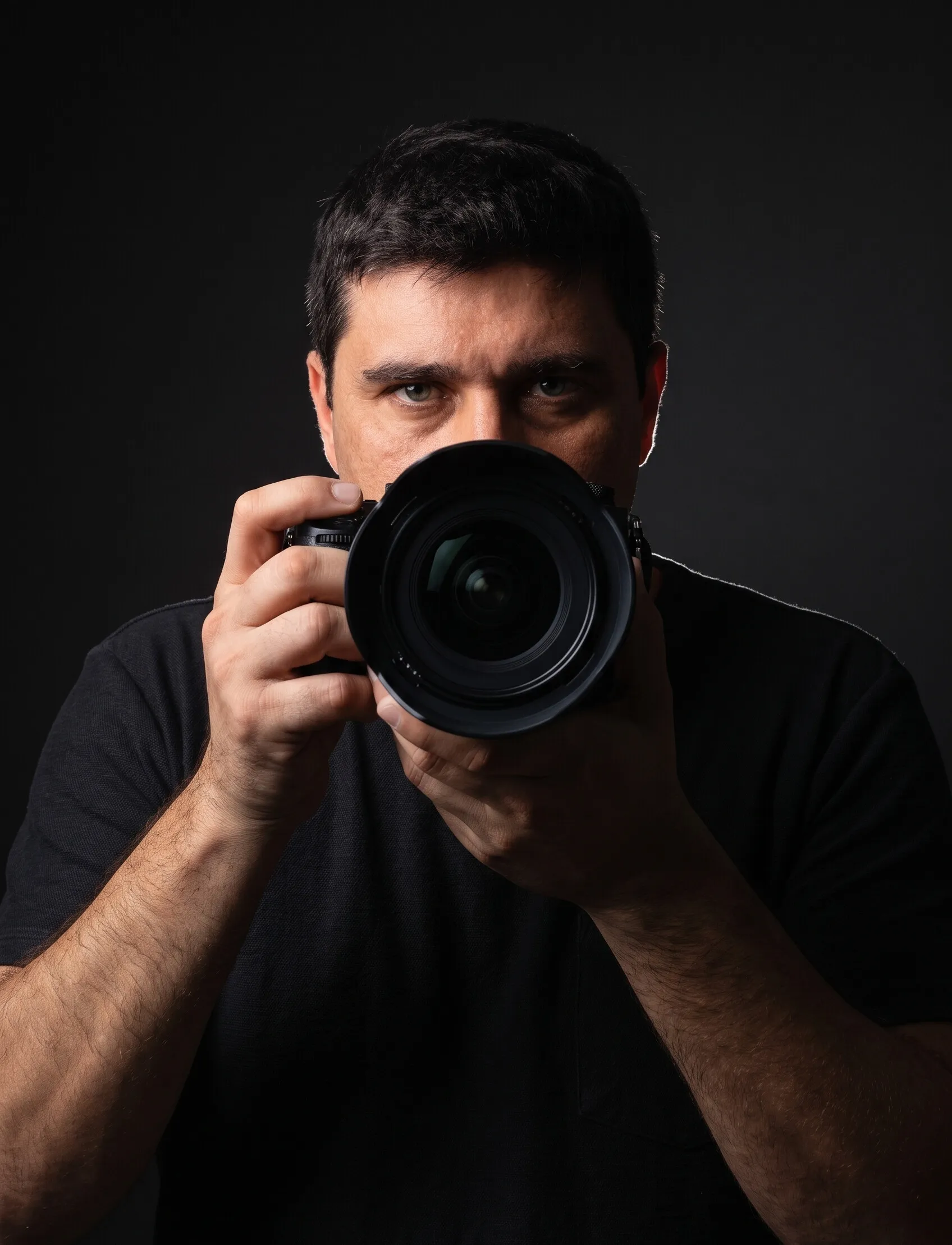 Mihajlo Tirkajla in a black shirt, eyes fixed on the viewer over a large camera lens in dramatic low light